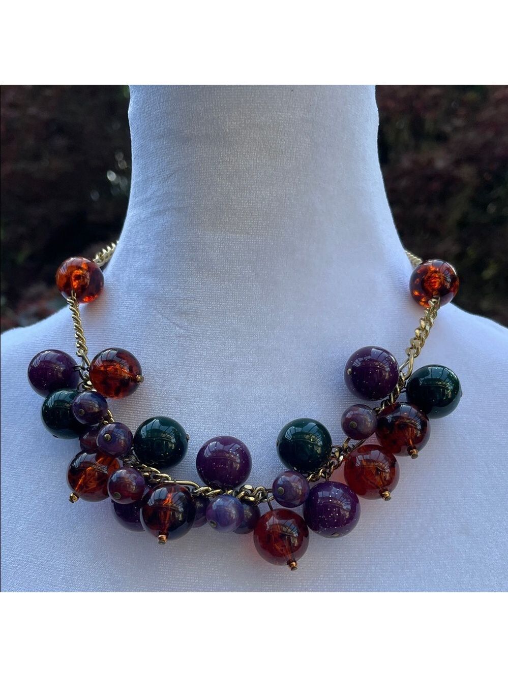 Vintage Lucite Multi-Bead Statement Necklace 18” Retro Gold Tone